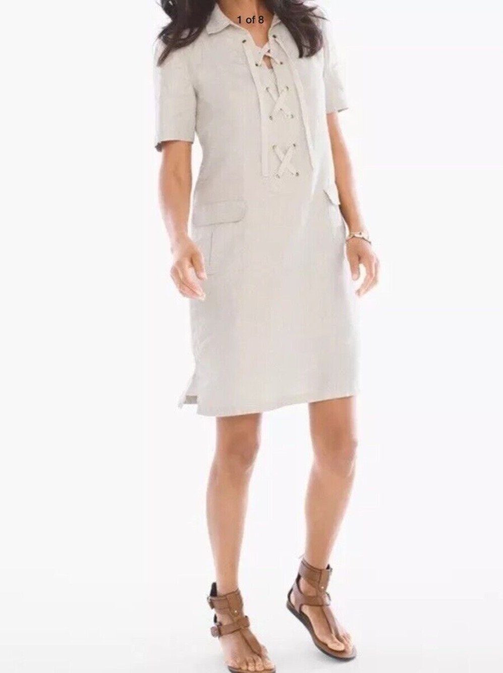 Chico's Lace Up Dress Women's Size 0.5 (XS/6) Tan Foiled 100% Linen Lagenlook